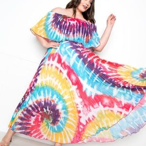 Tie Dye Off Shoulder Pleated Maxi Dress